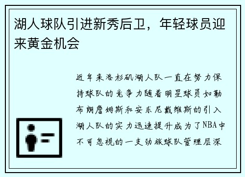 湖人球队引进新秀后卫，年轻球员迎来黄金机会