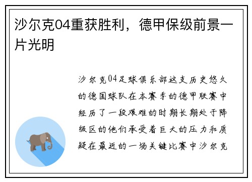 沙尔克04重获胜利，德甲保级前景一片光明