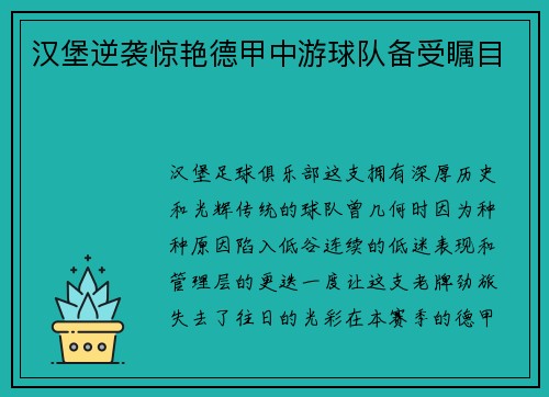 汉堡逆袭惊艳德甲中游球队备受瞩目